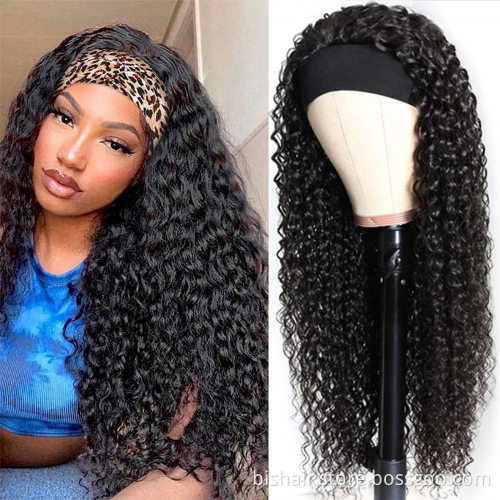 Wig headband real human hair without lace front deep wave wig machine made without glue headband curly hair 150% density black